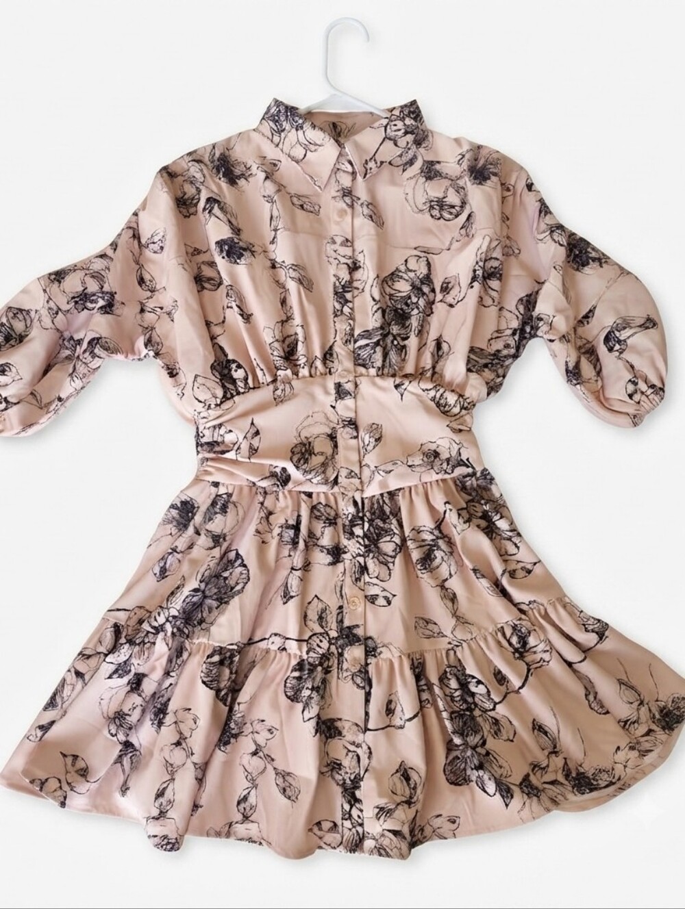 Luxxel Beige and Black Floral Button-Front Tiered Shirt Dress